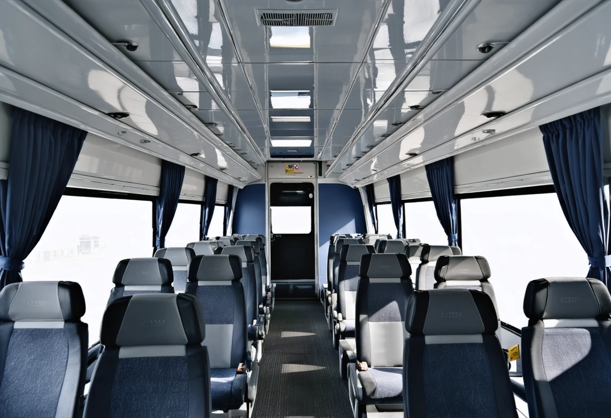 Comfortable interior of an Airport Bus Express coach with navy seats