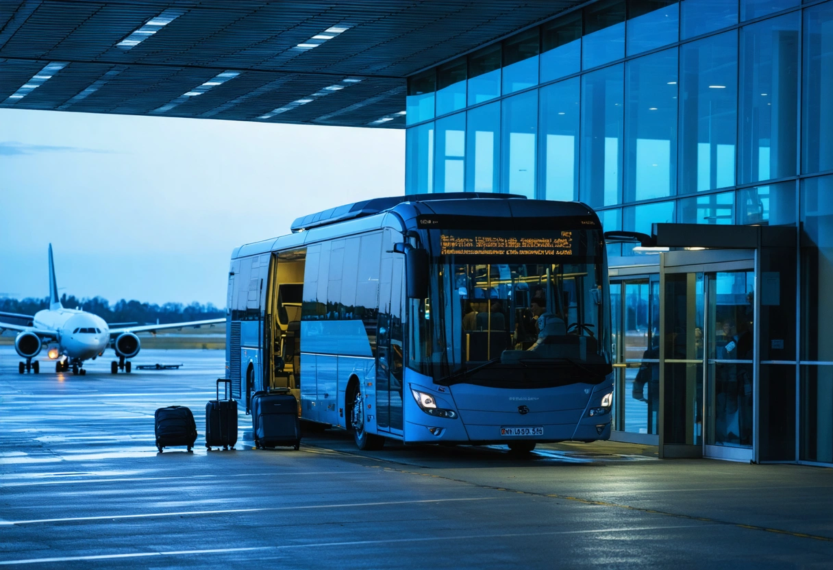 Modern Airport Bus Express coach at an airport terminal at dusk
