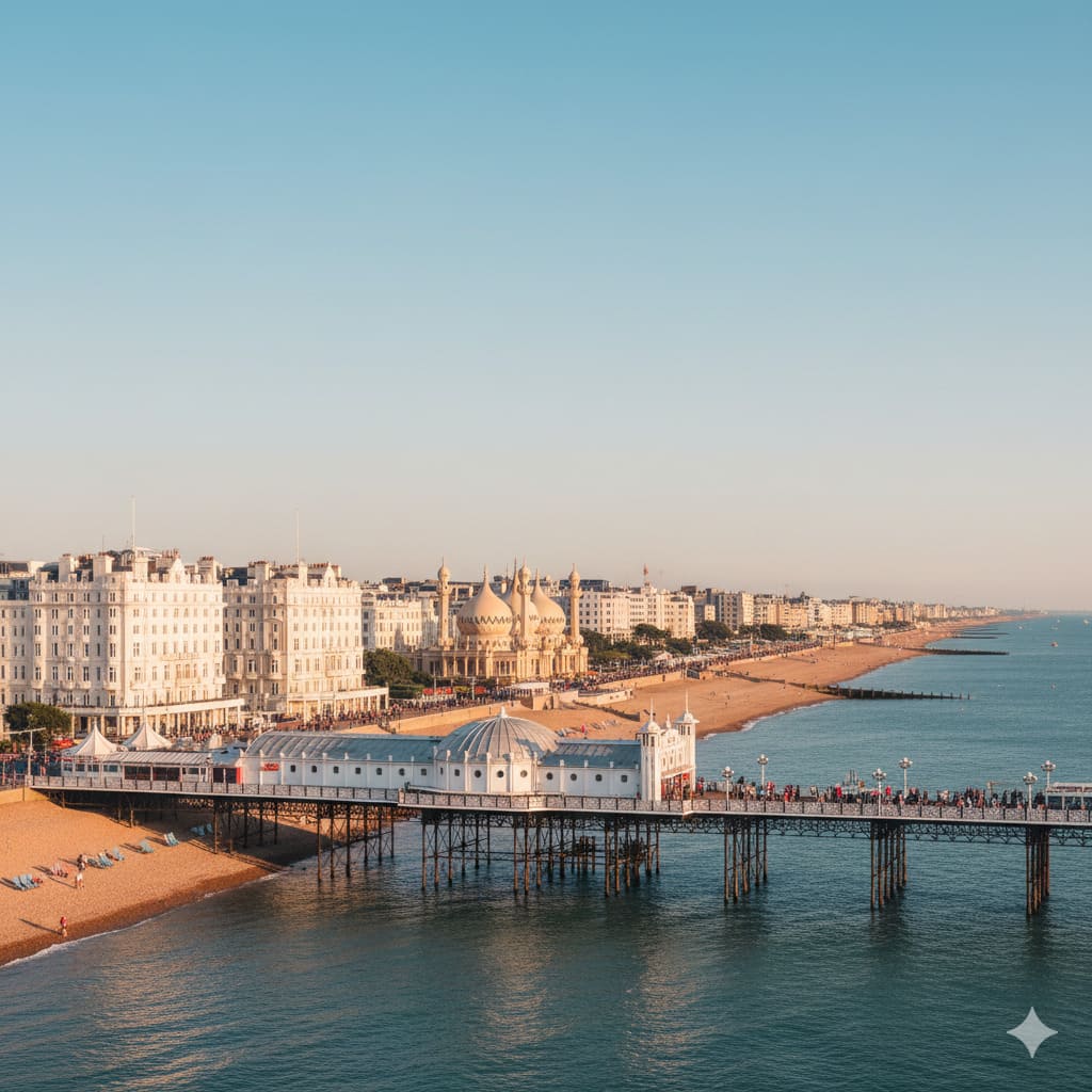 Brighton Victorian pier promenade Grand Hotel and Royal Pavilion by the seaside