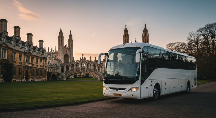 Premium coach bus traveling from Cambridge university town to Heathrow Airport