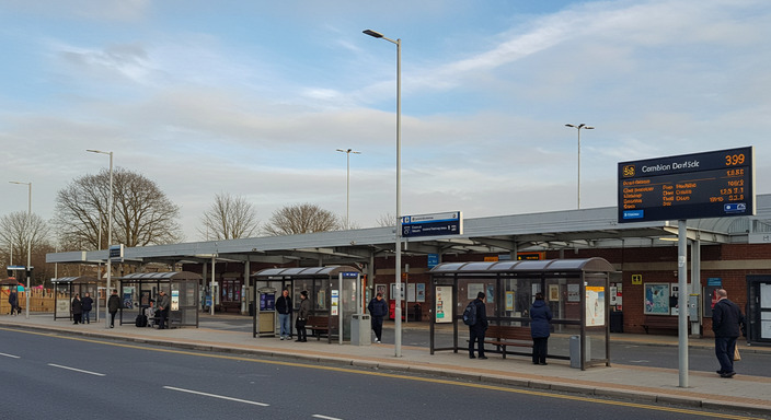 Cambridge Parkside coach station showing departure point with clear signage and bus stops