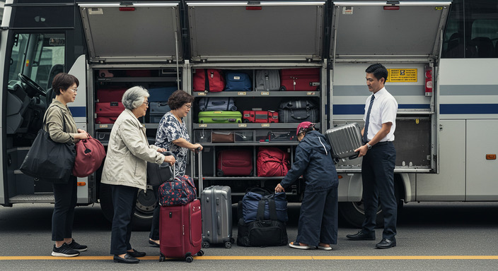 Passengers loading various sized suitcases into bus luggage compartment