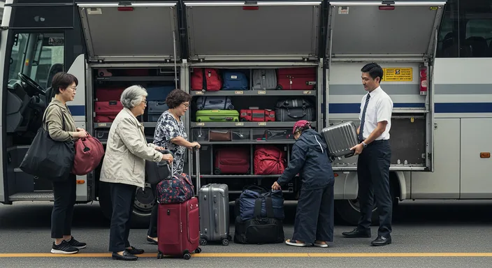 Large bus luggage compartment with various suitcases and bags being loaded safely and securely