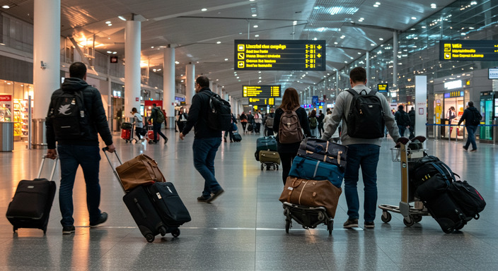 Travelers with luggage transferring between airports for connecting flights