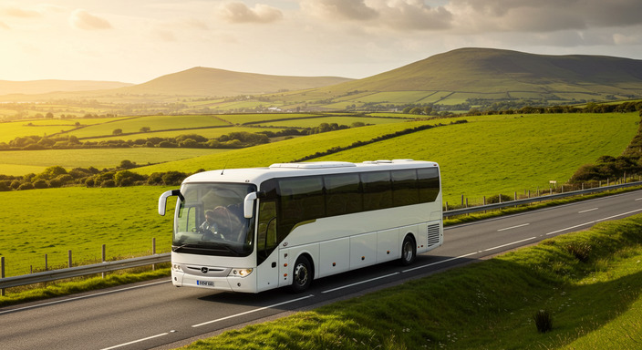 Modern Dublin Airport Express coach on Irish motorway with green countryside