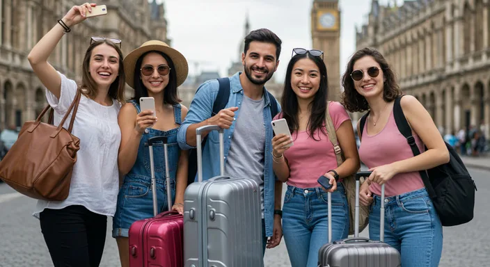 Happy travelers with luggage boarding luxury airport coach, money-saving concept