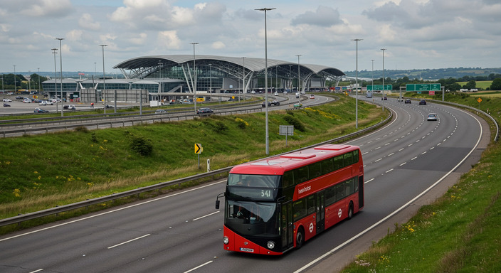Modern coach bus traveling between Heathrow and Stansted airports on M25 motorway