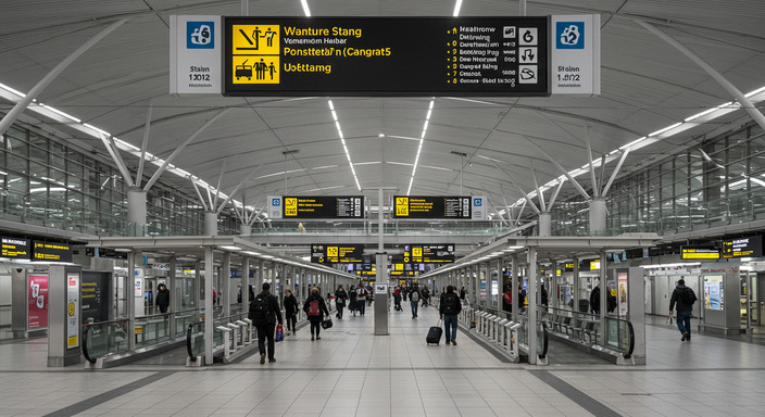 Heathrow Airport terminals 2 and 5 showing bus stops and clear passenger signage