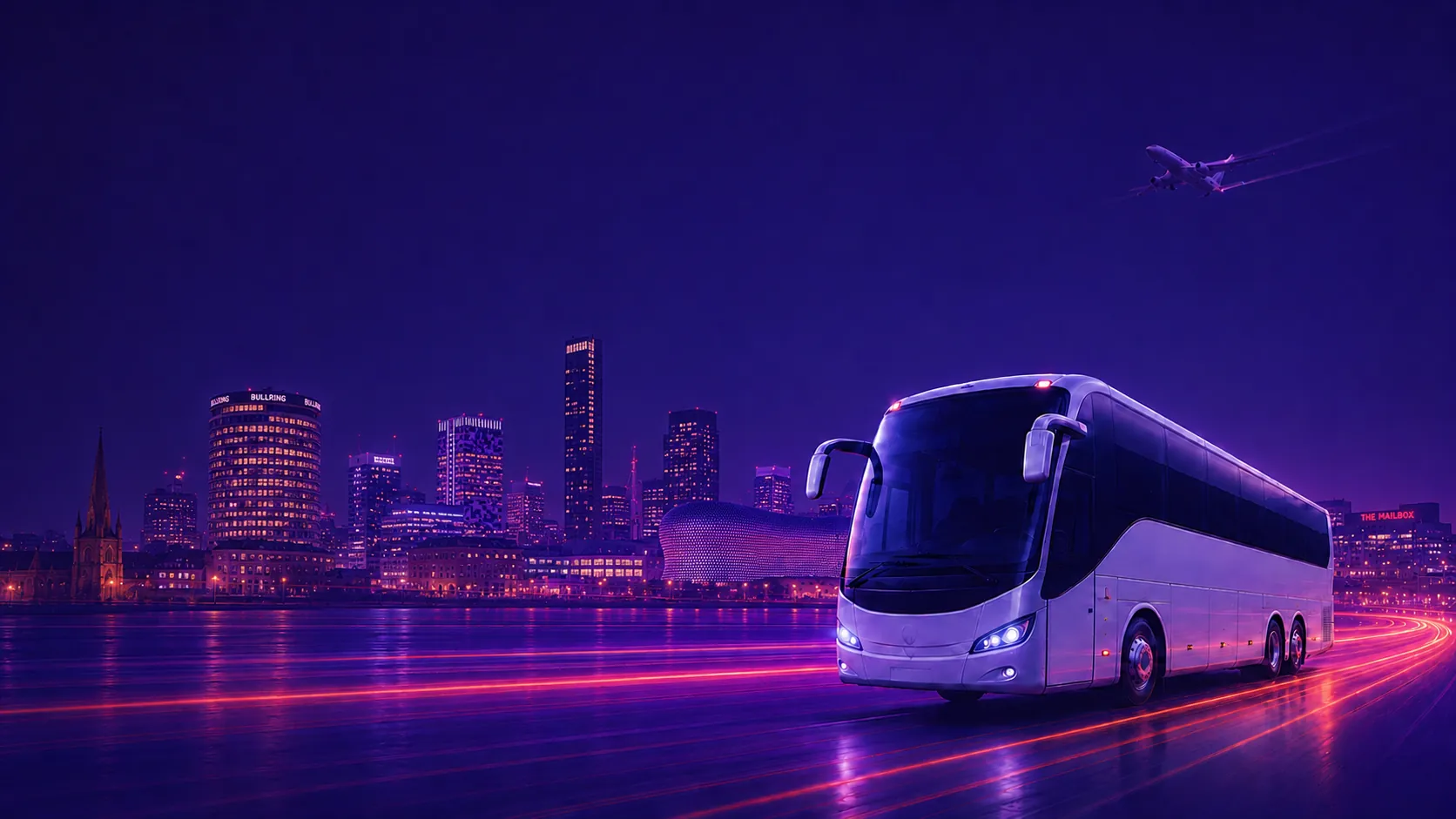 Airport Bus Express coach on a Birmingham road at dusk with the city skyline and a departing plane
