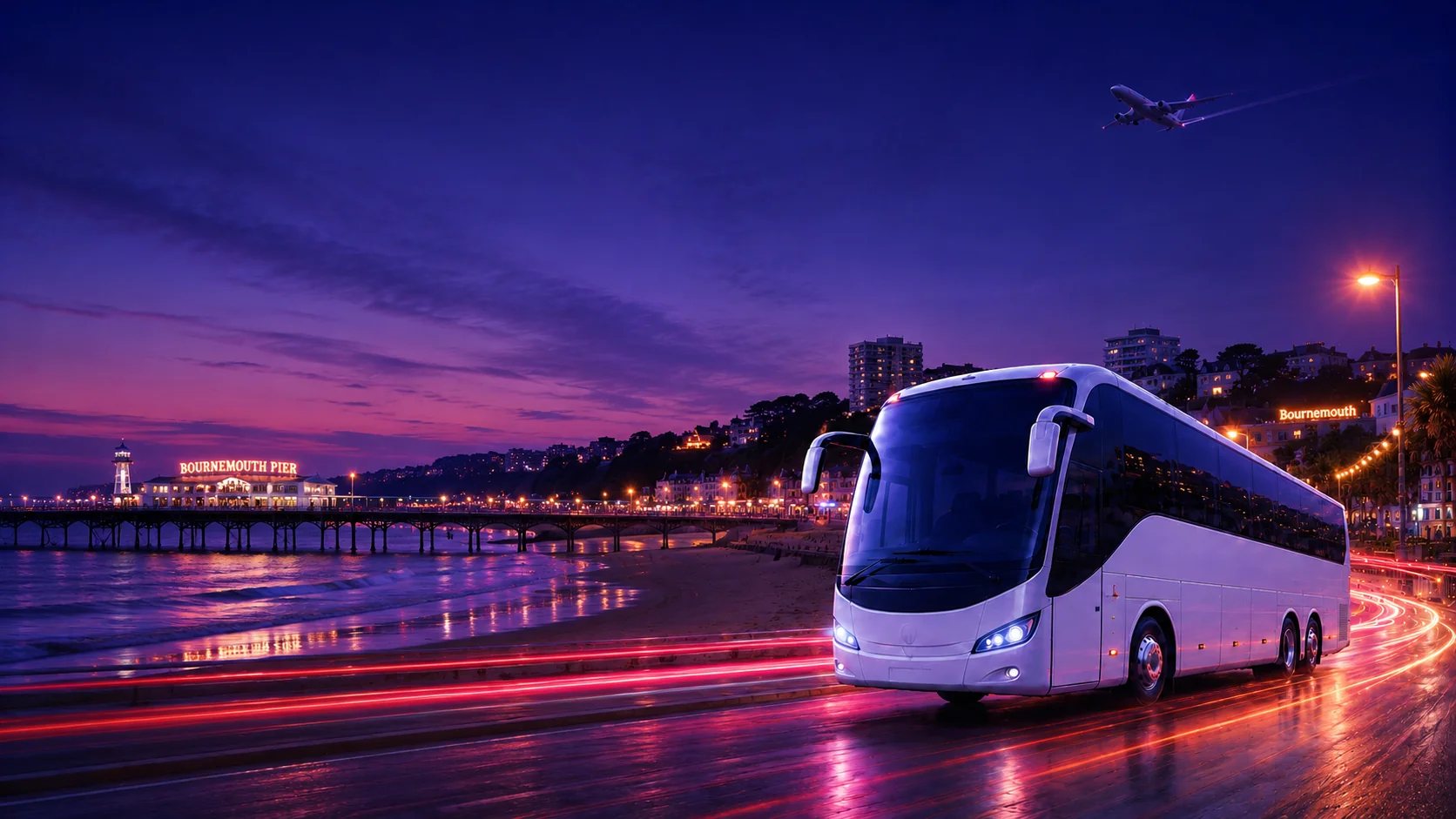 Airport Bus Express coach on a Bournemouth road at dusk with the city skyline and a departing plane