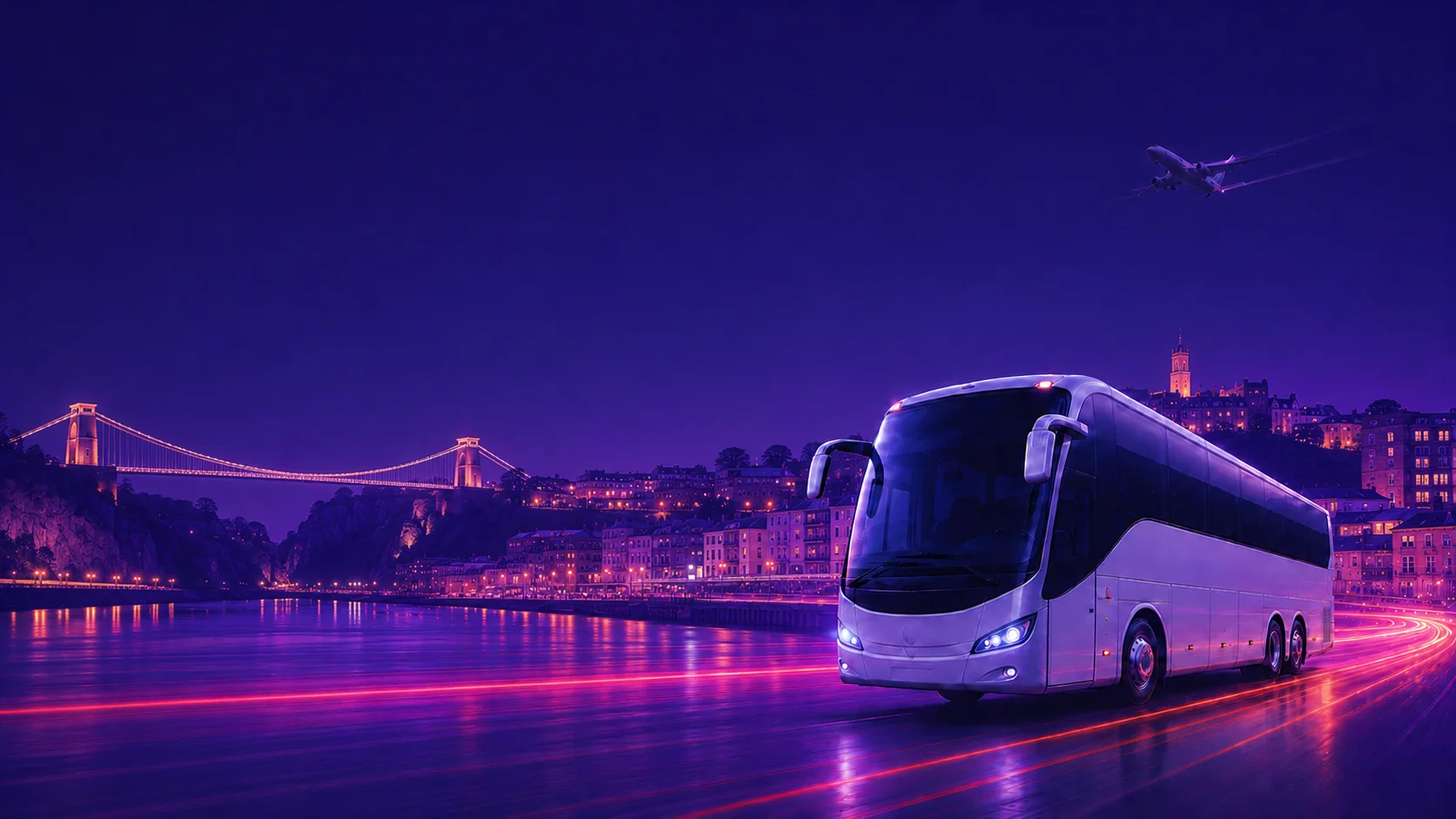 Airport Bus Express coach on a Bristol road at dusk with the city skyline and a departing plane