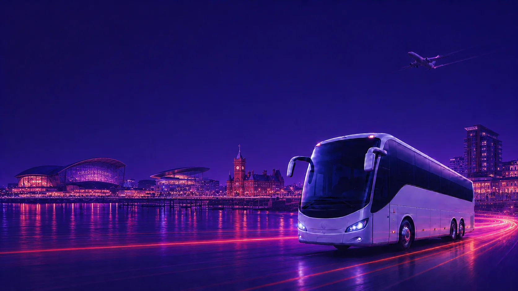 Airport Bus Express coach on a Cardiff road at dusk with the city skyline and a departing plane