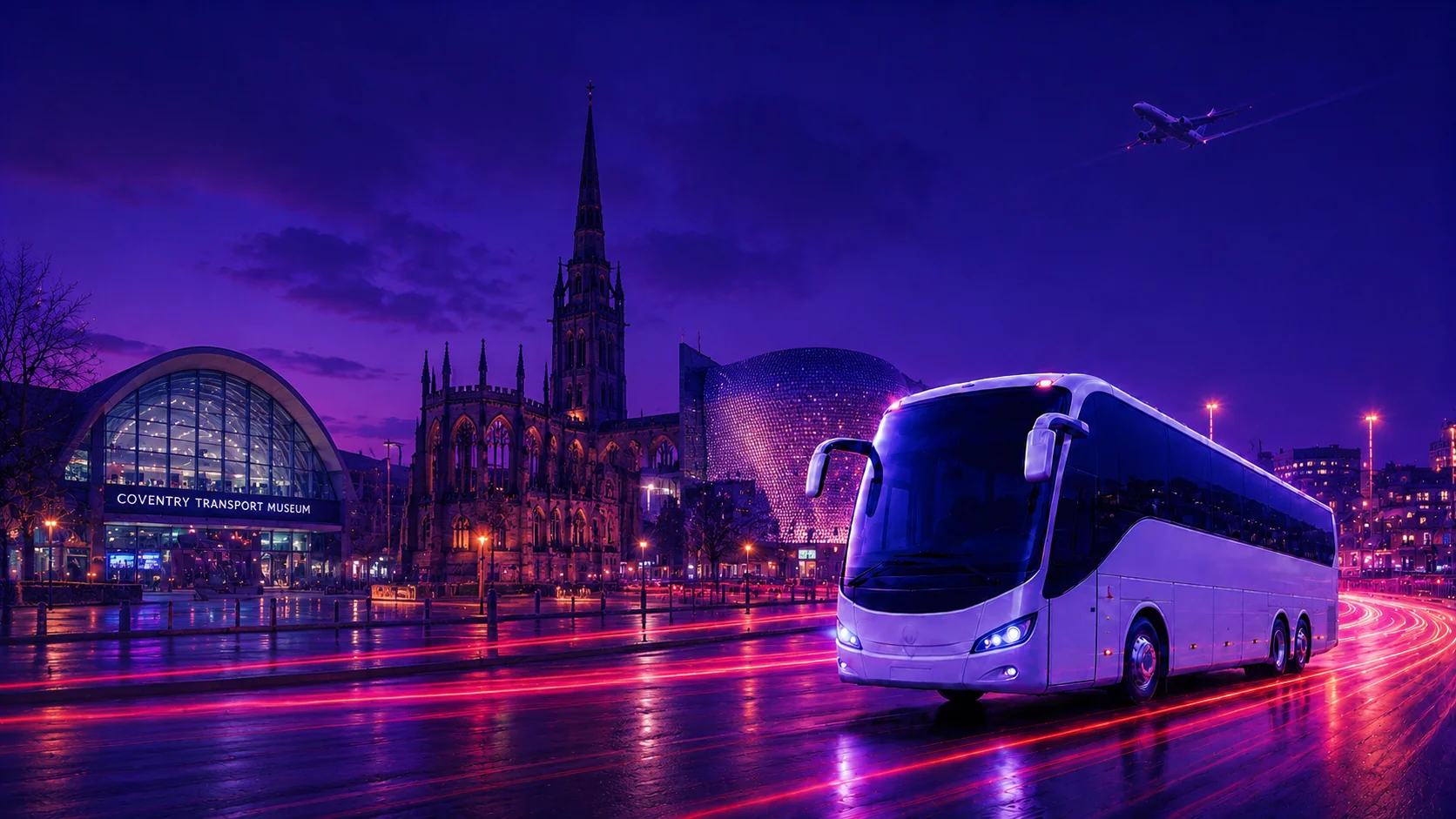 Airport Bus Express coach on a Coventry road at dusk with the city skyline and a departing plane