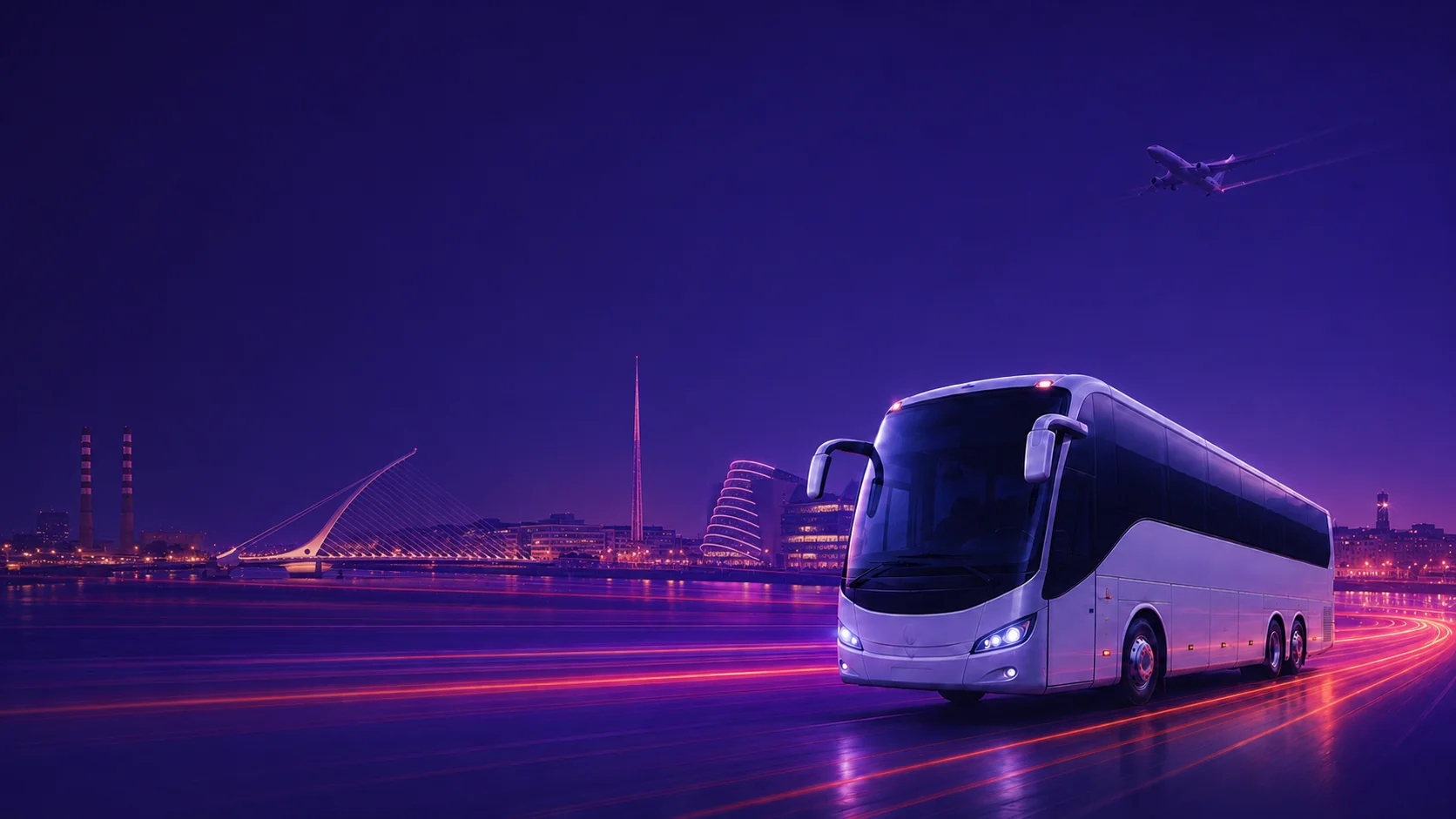 Airport Bus Express coach on a Dublin road at dusk with the city skyline and a departing plane