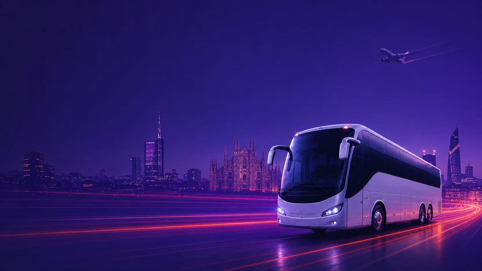 Airport Bus Express coach on a Milan road at dusk with the Duomo skyline and a departing plane