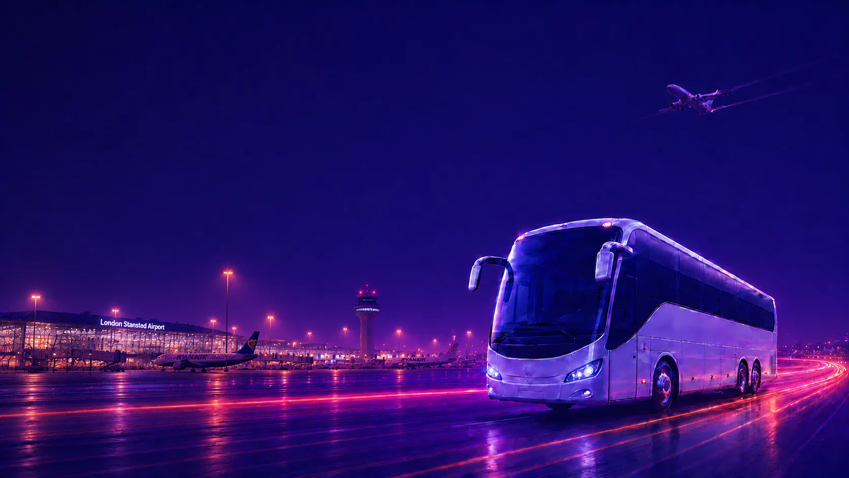 Airport Bus Express coach at dusk with the airport skyline and a departing plane