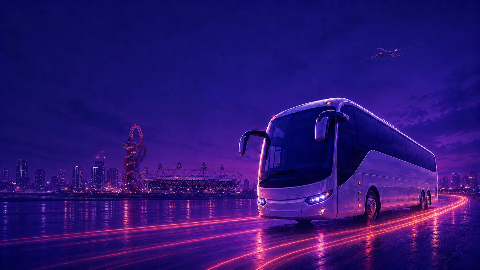 Airport Bus Express coach on a Stratford road at dusk with the London skyline and a departing plane