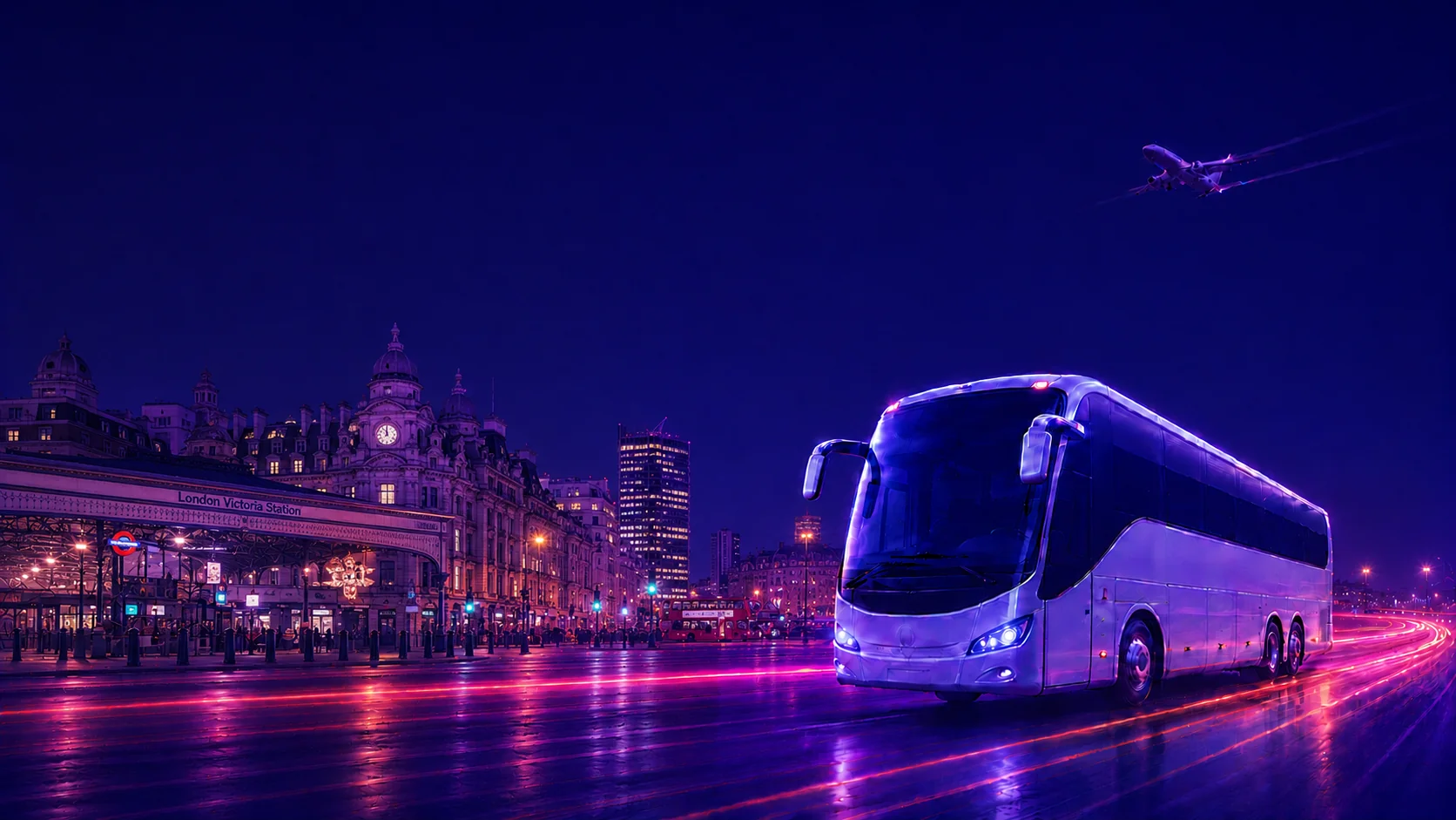 Airport Bus Express coach at London Victoria at dusk with the city skyline and a departing plane