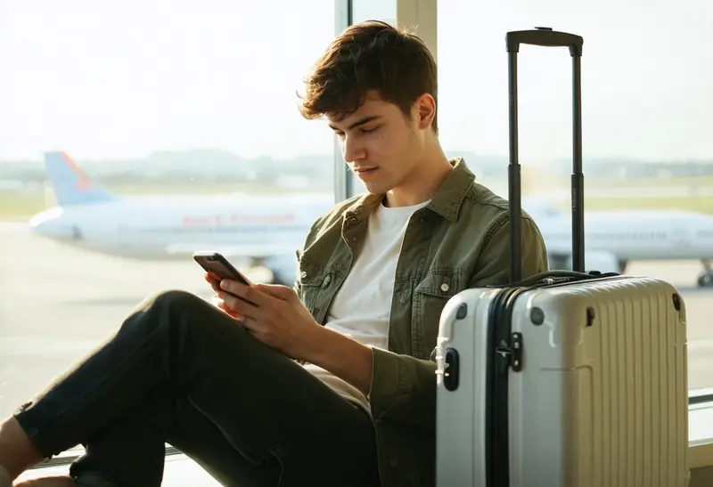 Traveller checking their phone with a suitcase beside a bright airport window