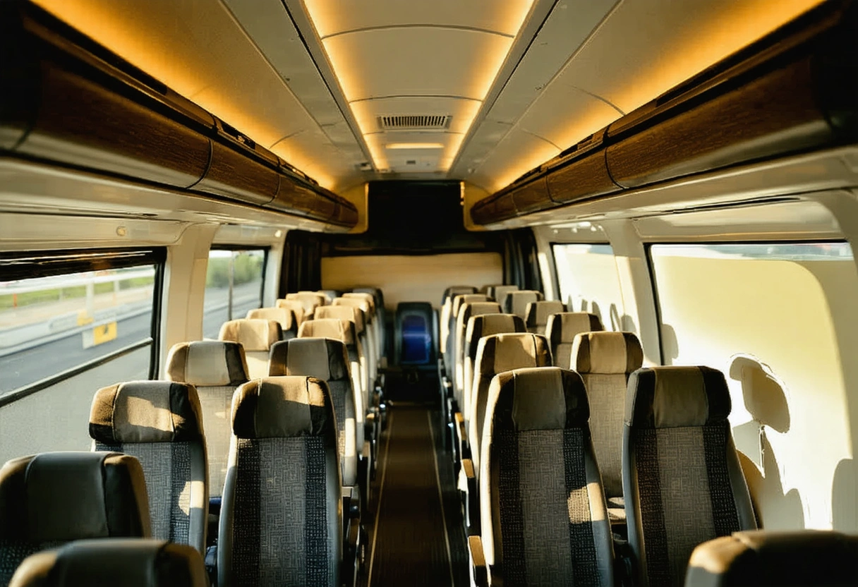 Comfortable interior of a modern touring coach lit by warm light