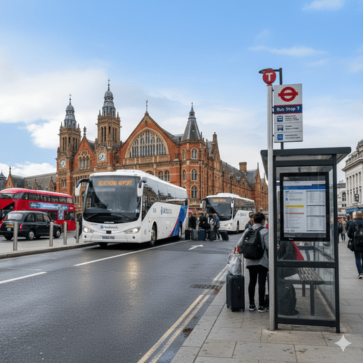 Kings Cross coach stop on Pancras Road or York Way with frequent services to Stansted Airport