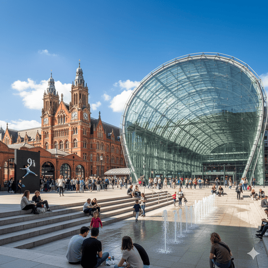 Kings Cross station and area with Granary Square British Library and Platform 9