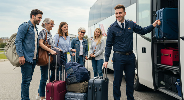 Group of friends or family with various sized luggage bags happily boarding or waiting for airport bus, showing group travel benefits