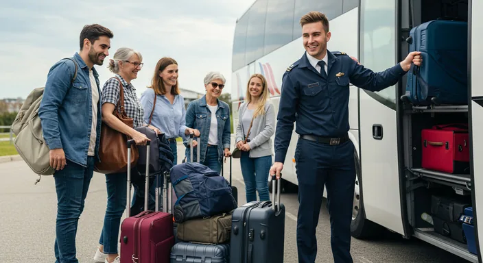 Travellers with holiday luggage boarding a coach for an inter-airport transfer