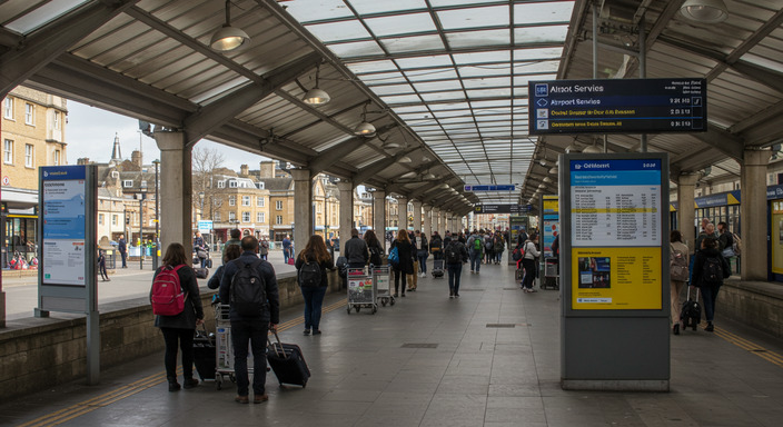 Oxford Bus Station departure point near Ashmolean Museum with clear signage for airport services