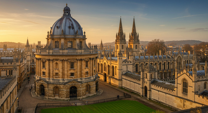Beautiful Oxford University architecture with golden stone buildings and famous dreaming spires