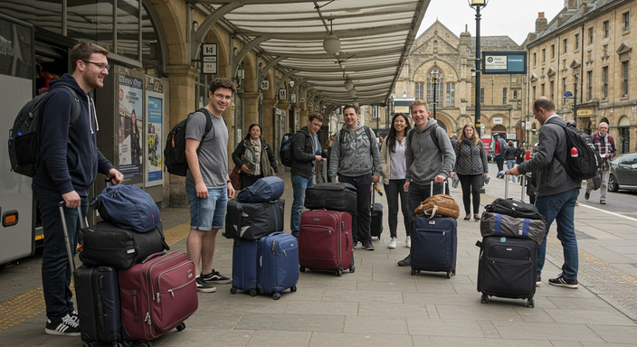 Oxford students and travelers with luggage at coach showing generous baggage allowance for cultural trips