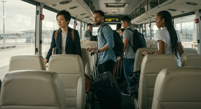 Passengers boarding bus with suitcases