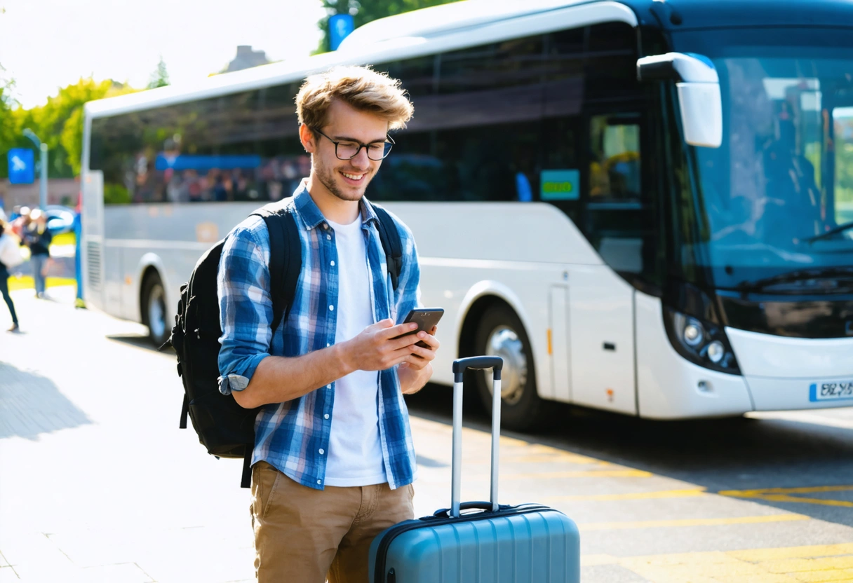 Traveller checking airport transfer offers on their phone beside a coach
