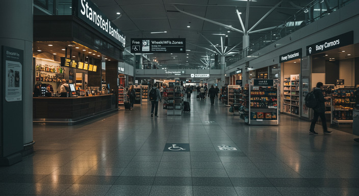 Modern Stansted Airport terminal with cafes, shops, free WiFi areas and wheelchair accessible facilities