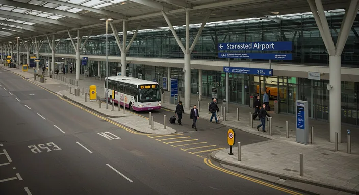 Stansted Airport terminal building with clear signage and bus stops