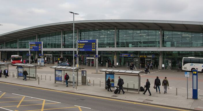 Stansted Airport terminal building with clear signage and bus stops